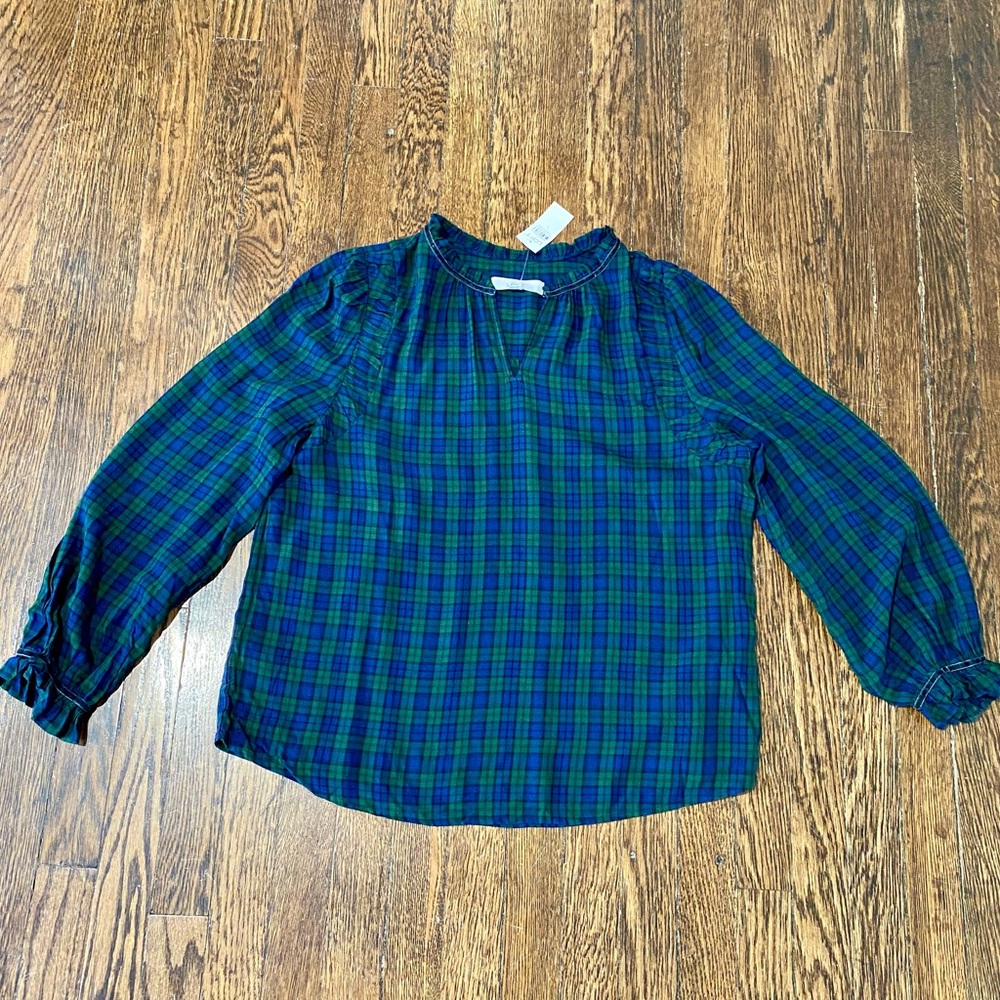 LOFT Blue and Green Plaid Blouse size L NWT